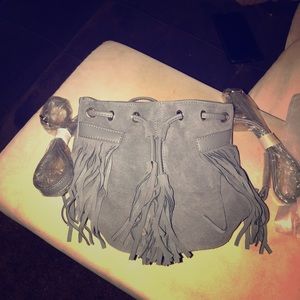 Nasty Gal Gray Drawstring Fringe Bucket Backpack
